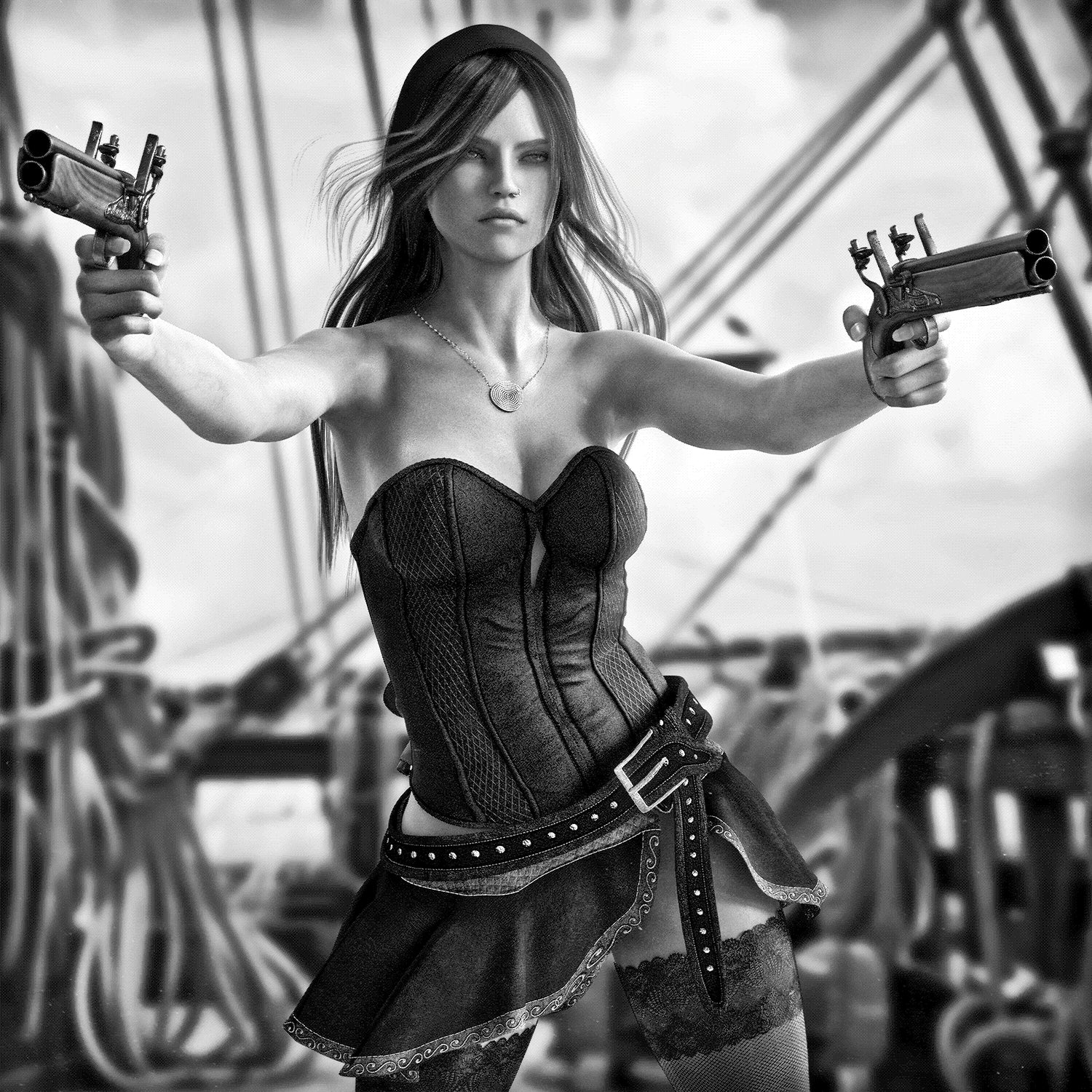 Fantasy Pirate female drawing two pistols to defend her ship - Airbrush Stencil
